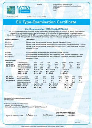 CE-сертификат на музыкальные беруши моделей EC-2018 и EC-2065
